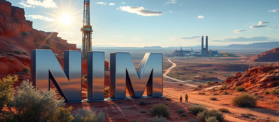 Nimy Resources Ltd-NIM-Large metallic letters "NIM" in a desert landscape with a drilling rig and two people nearby.