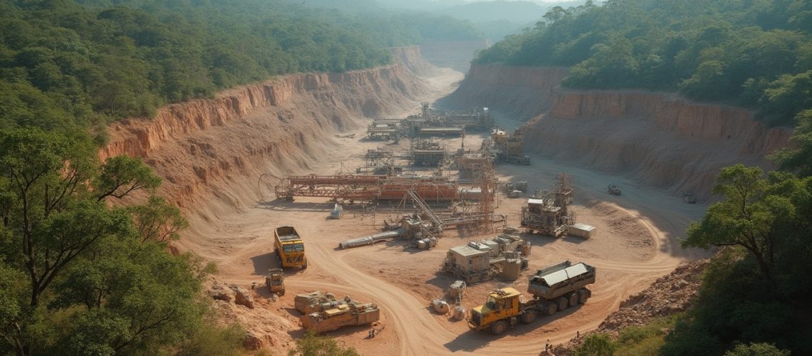 Open-pit mine surrounded by dense greenery and mountains, with trucks and equipment in operation.