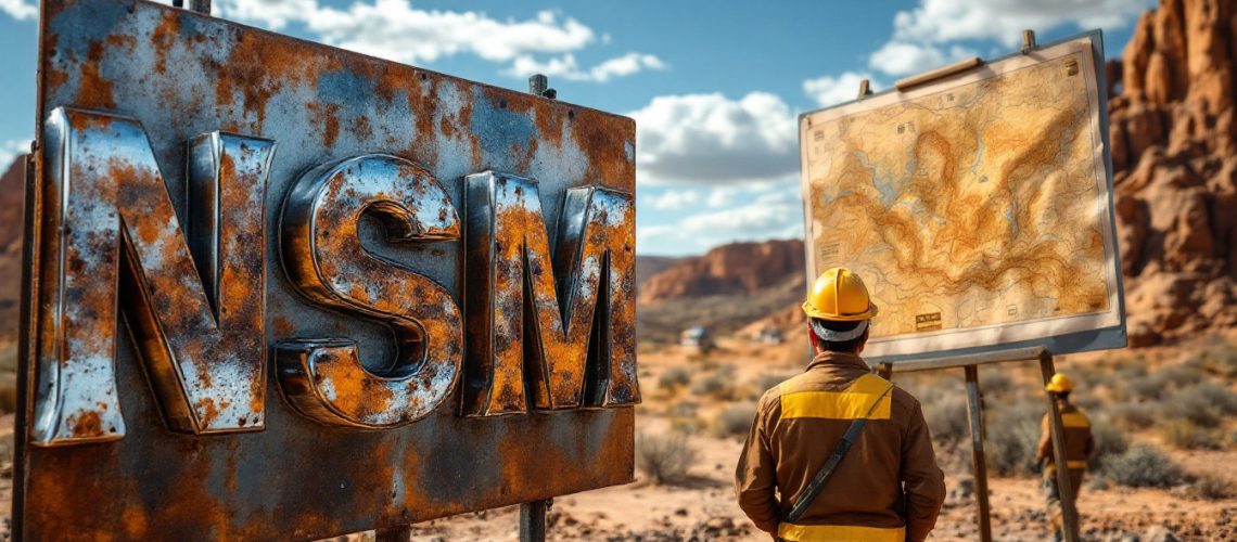 North Stawell Minerals Ltd-NSM-Worker studying a map in a desert, beside a rusty sign with "NSM" letters.