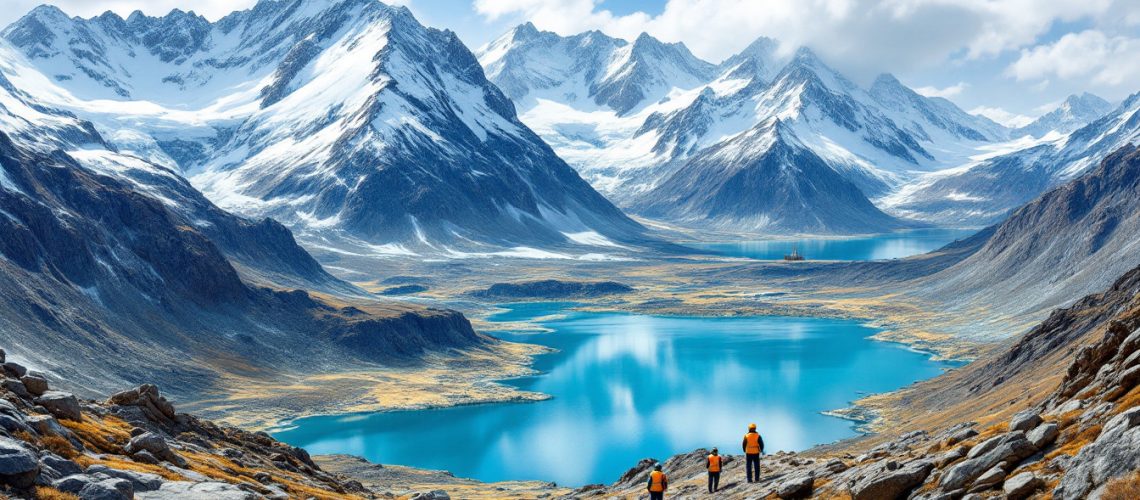 Nova Minerals Ltd-NVA-Hikers overlook a serene turquoise lake surrounded by snowy mountains under a partly cloudy sky.