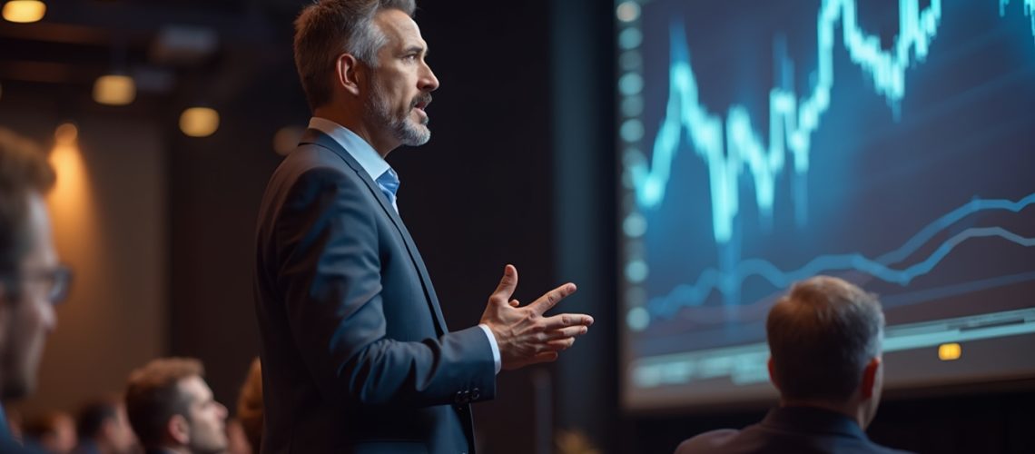 Man in suit presenting financial data on a large screen to an audience.