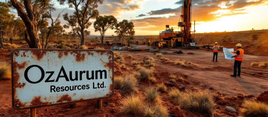 Ozaurum Resources Ltd-OZM-Mining site at sunset with OzAurum Resources sign and workers examining plans.