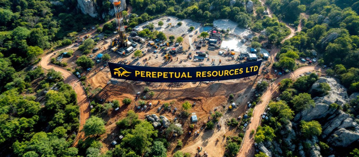 Perpetual Resources Ltd-PEC-Aerial view of a mining site surrounded by lush forest with a sign for "Perepetual Resources Ltd."