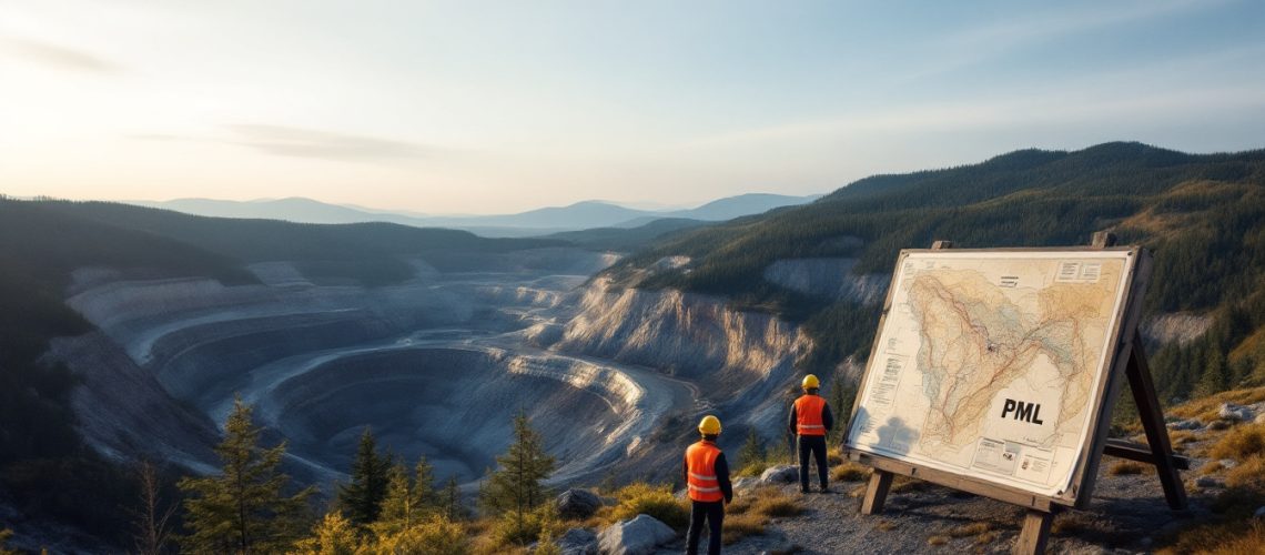 Pivotal Metals Ltd-PVT-Two workers overlooking a vast quarry, large map on a stand in the foreground, mountain backdrop.