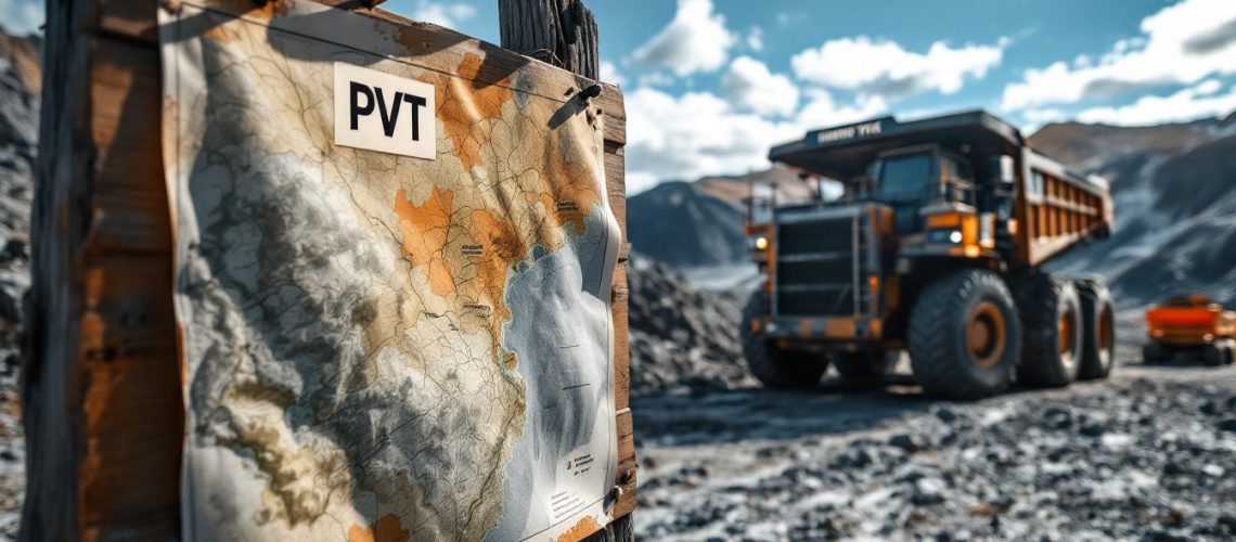 Pivotal Metals Ltd-PVT-Map with "PVT" pinned on a wooden post, with mining truck in the rocky background.