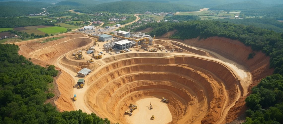 Aerial view of large, terraced open-pit mine surrounded by greenery and distant countryside.