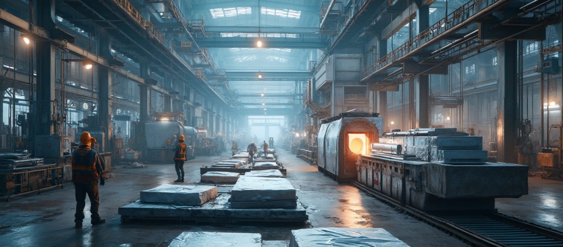 Workers in a large industrial factory with machinery and glowing furnaces.