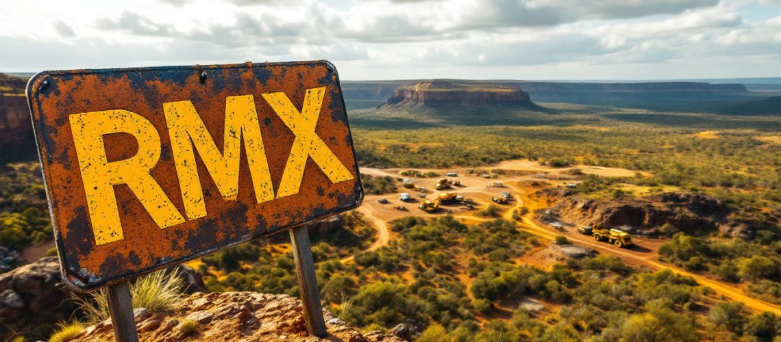 Red Mountain Mining Ltd-RMX-Rustic sign with "RMX" in front of a vast desert landscape and distant mountains.