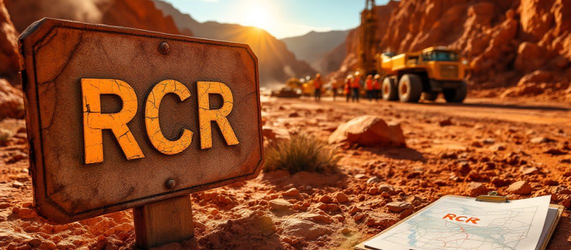 Rincon Resources Ltd-RCR-Desert road under construction with RCR sign, workers, and clipboards scattered on red soil.