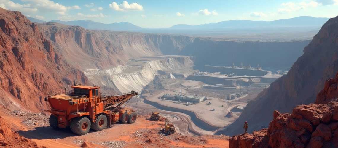 Massive mining truck in a sprawling open-pit mine with rocky terrain under clear blue skies.