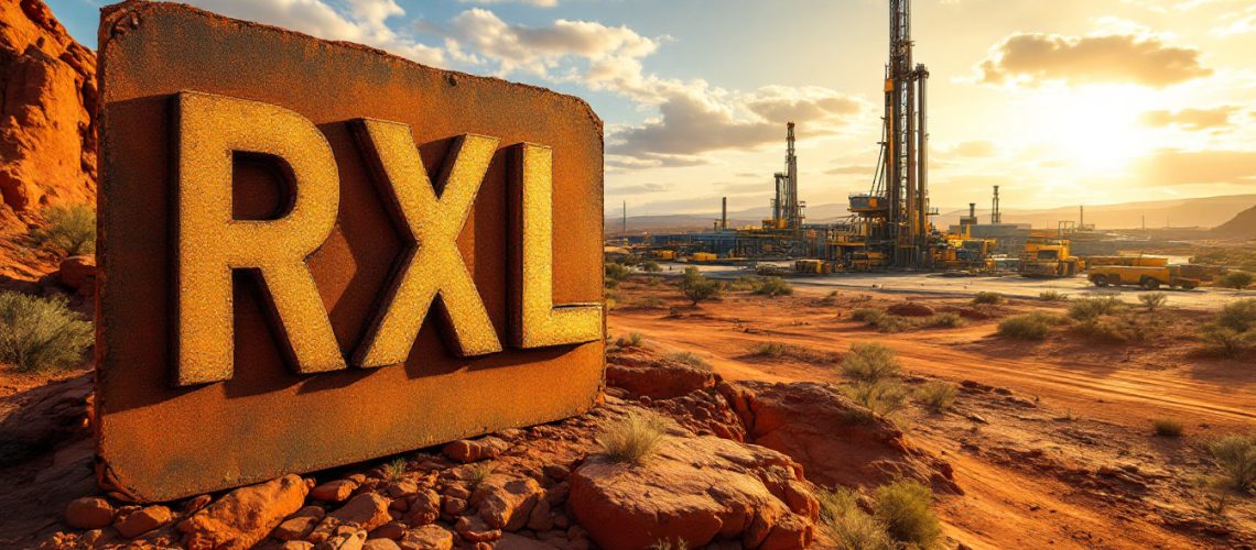 ROX Resources Ltd-RXL-Rusty "RXL" sign with an oil drilling site in a desert landscape at sunset.