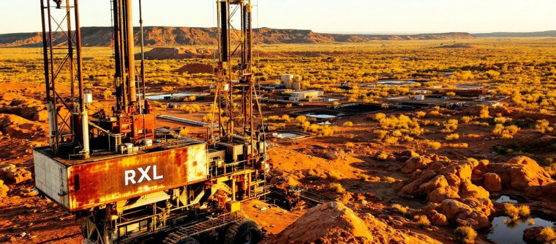 ROX Resources Ltd-RXL-Desert landscape with a large drilling rig labeled "RXL" and scattered industrial structures nearby.