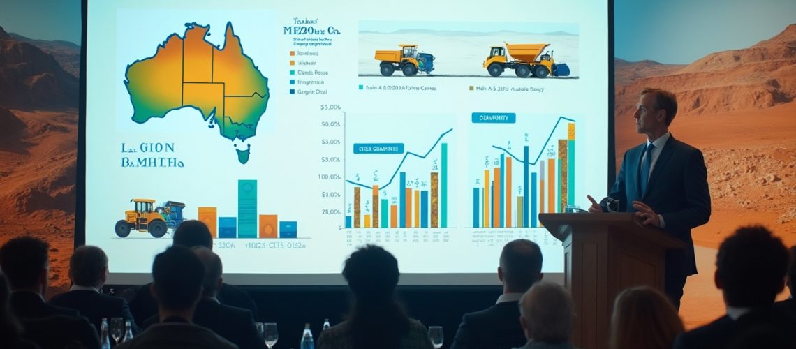 Person presenting graphs and charts on a screen to an audience in a conference room.