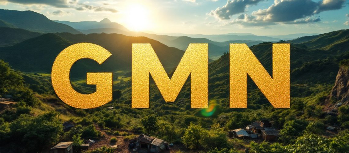 Gold Mountain Ltd-GMN-Golden "GMN" letters over a scenic mountain landscape at sunrise.