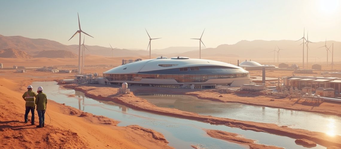 Futuristic desert facility with wind turbines and two people observing the scene.