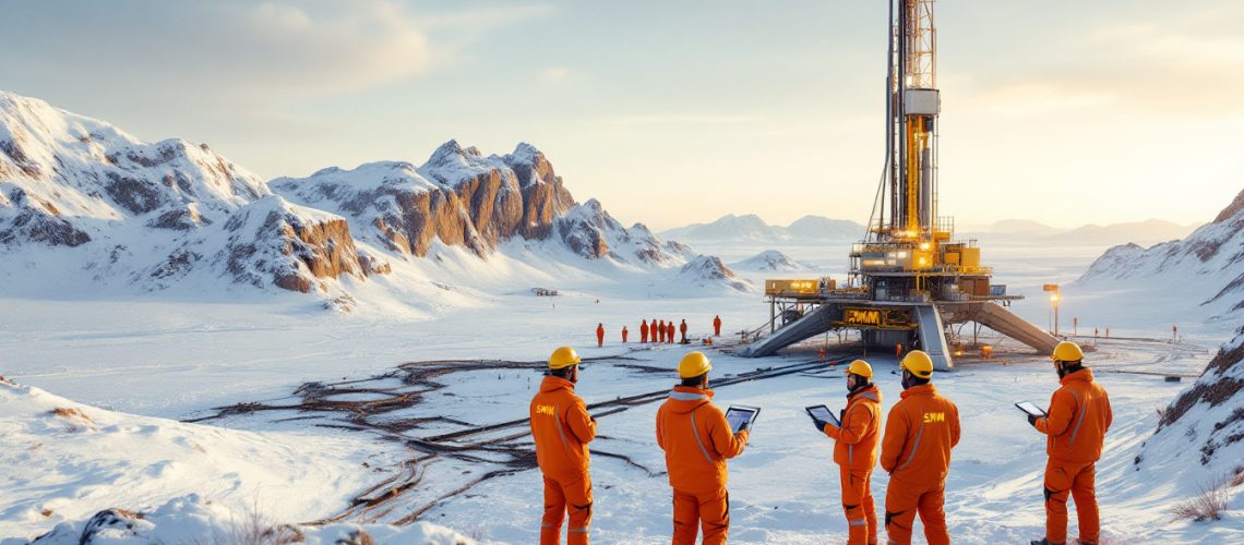 Somerset Minerals Ltd-SMM-Workers in orange gear at a snowy drilling site with mountains in the background.