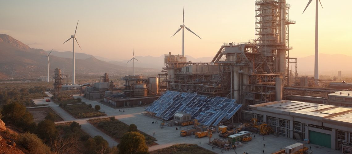 Industrial facility with solar panels, wind turbines, and mountains in the background at sunset.