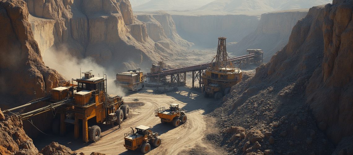 Industrial mining site with large machinery and rocky terrain under a cloudy sky.