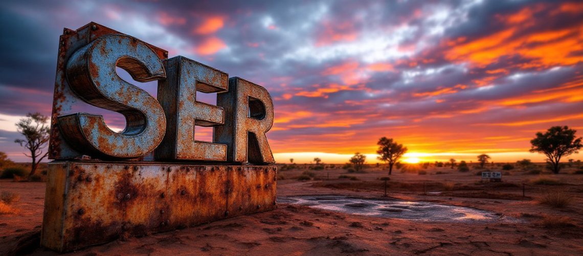 Strategic Energy Resources Ltd-SER-Rusty "SER" sign in desert landscape with a vibrant sunset sky.