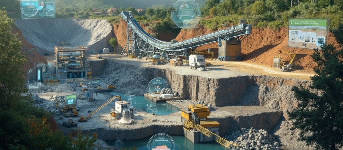 Futuristic quarry with advanced machinery, screens, conveyor belts, and greenery surrounding the site.