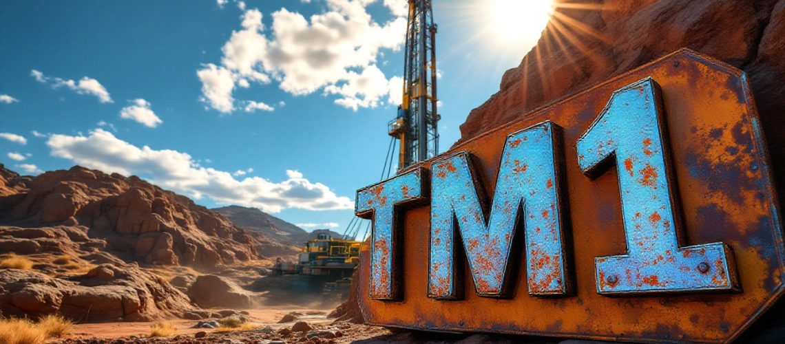 Terra Metals Ltd-TM1-Sign with "TM1" in a desert landscape, tall drilling rig and bright sun in the background.