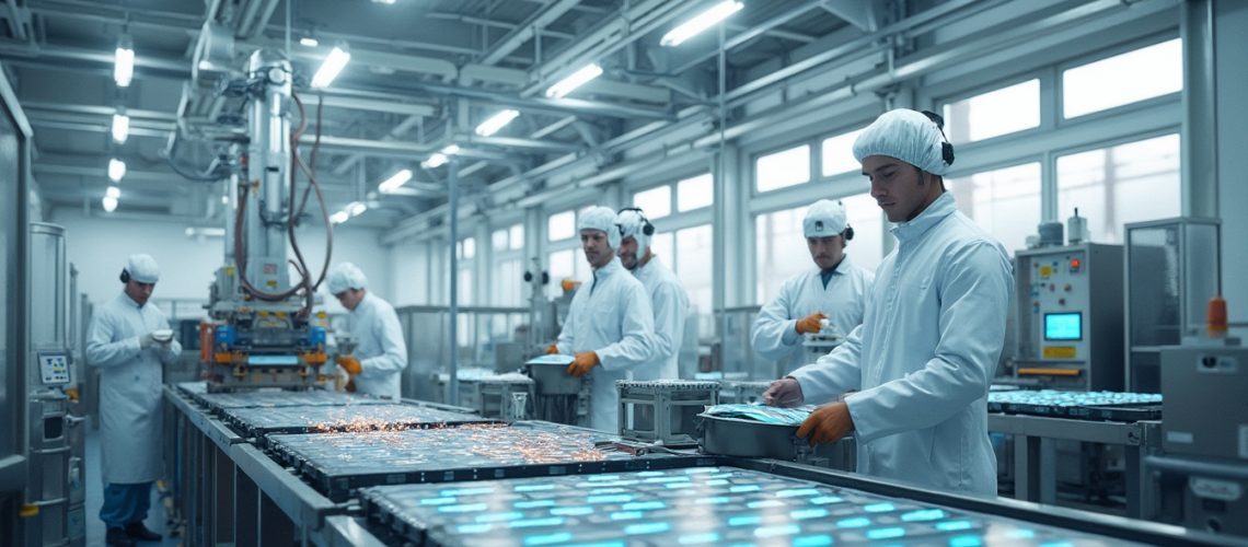 Workers in cleanroom suits assemble electronic devices on a factory line.