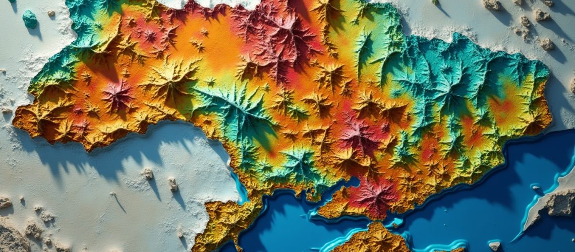 Colorful physical relief map depicting Ukraine's topography.