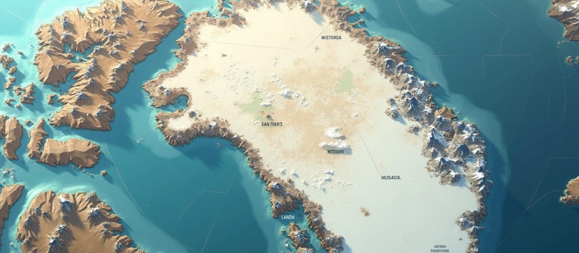 Map illustration of Greenland with surrounding ocean and mountainous regions labeled.