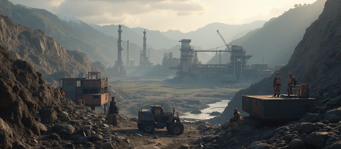 Workers and machinery in a rocky industrial landscape with distant factories and mountains.