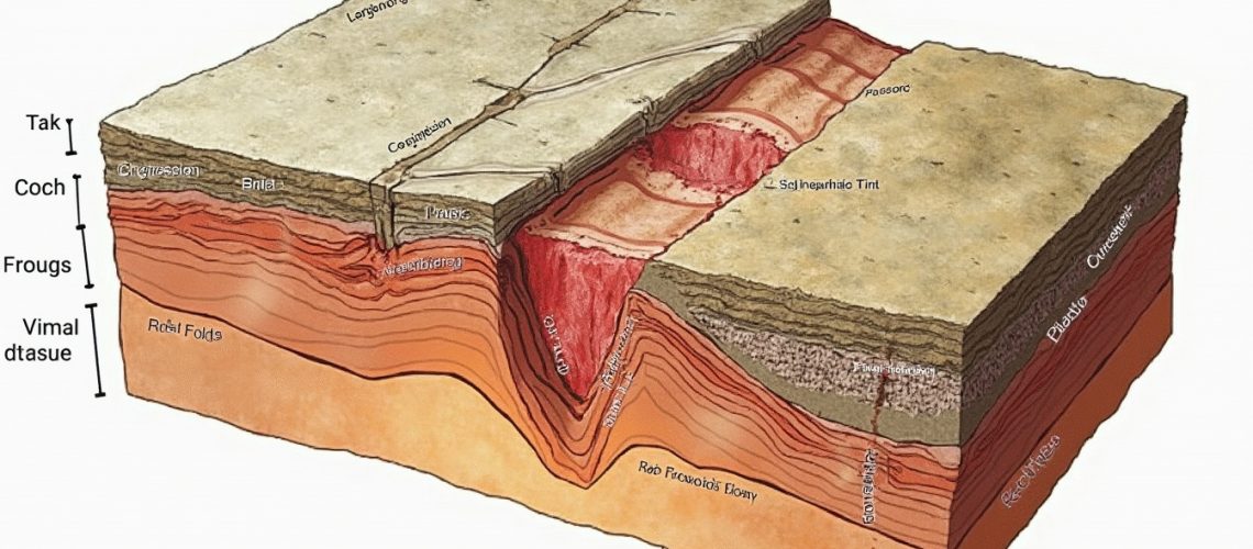 Cutaway diagram of geological layers with various rock strata and fault lines.