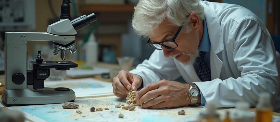 Researcher analyzing rocks in lab.