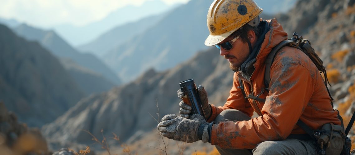 Geologist examining rocks, mountain backdrop.