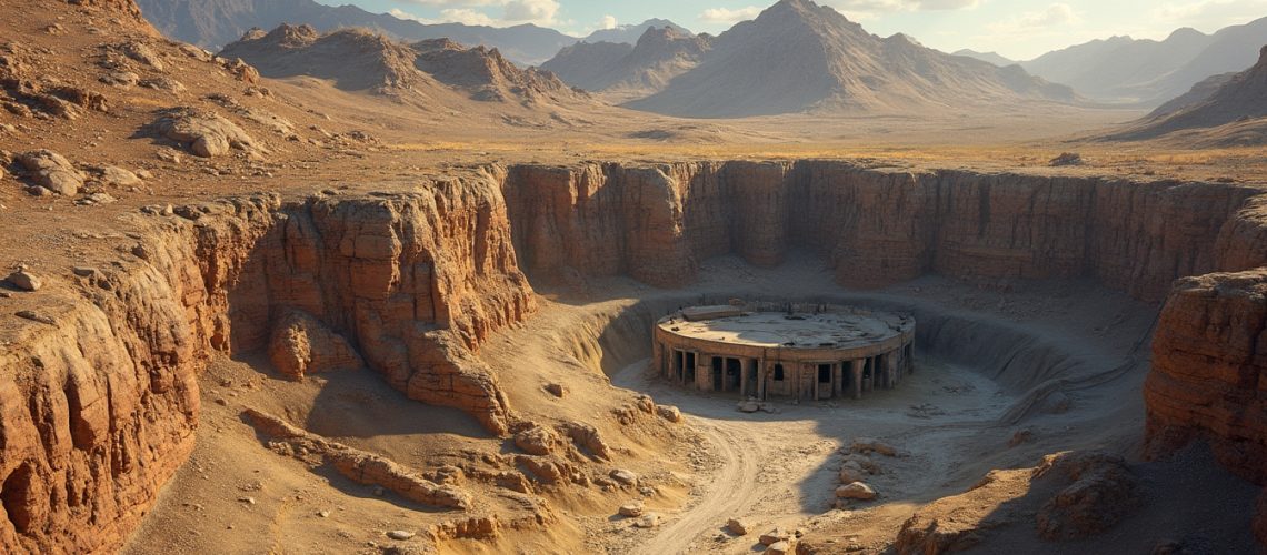 Desert excavation site with ancient structure.