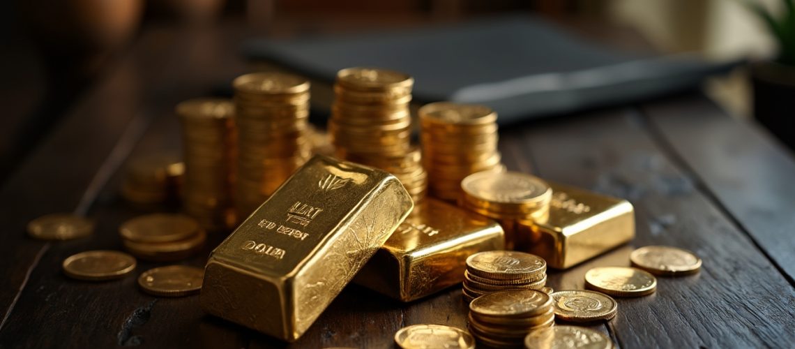 Gold bars and coins on table.