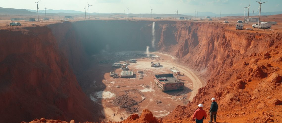 African mining site with wind turbines.