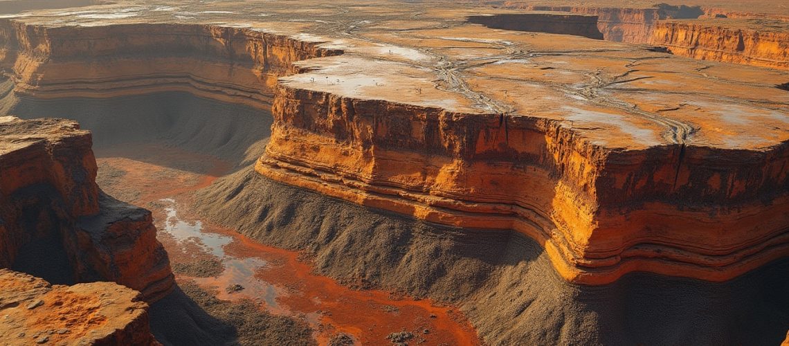 Canyon landscape showing mineral layers exposed.