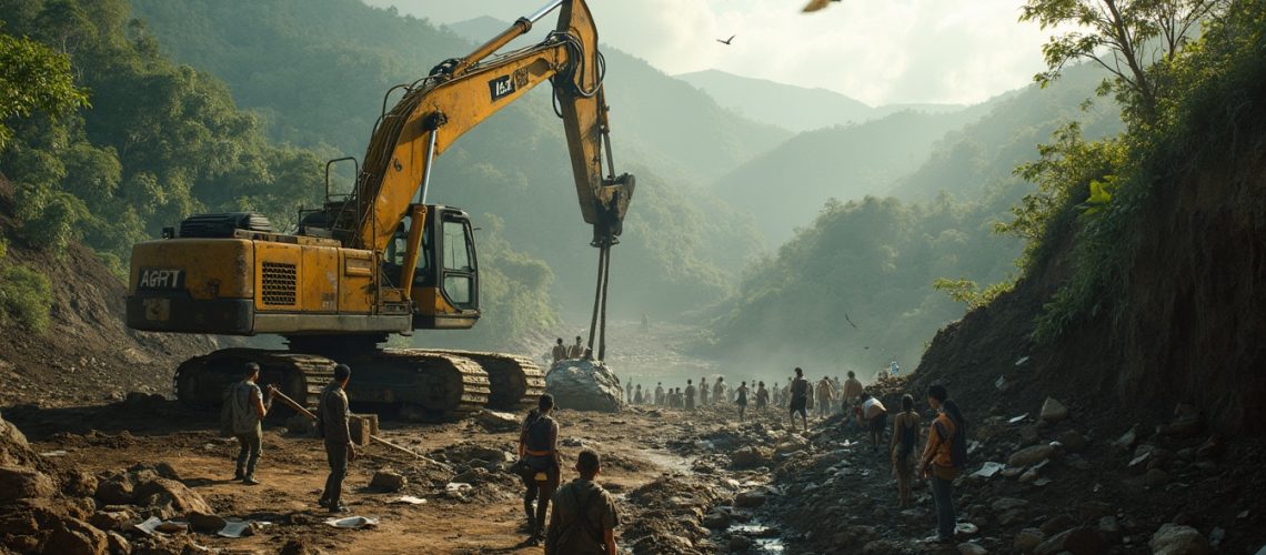 Excavator in forest, people observing.