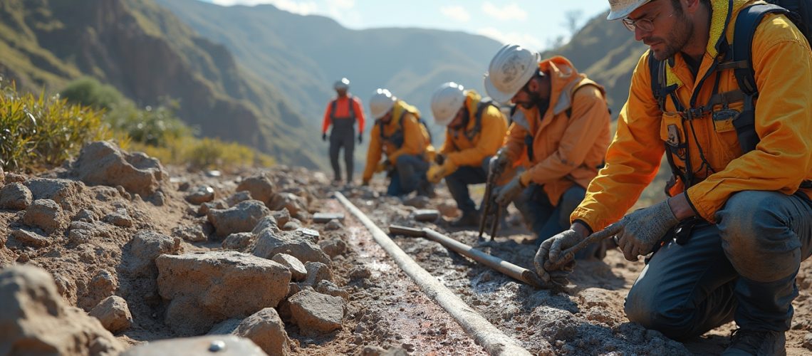 Workers examining titanium mineralisation site.