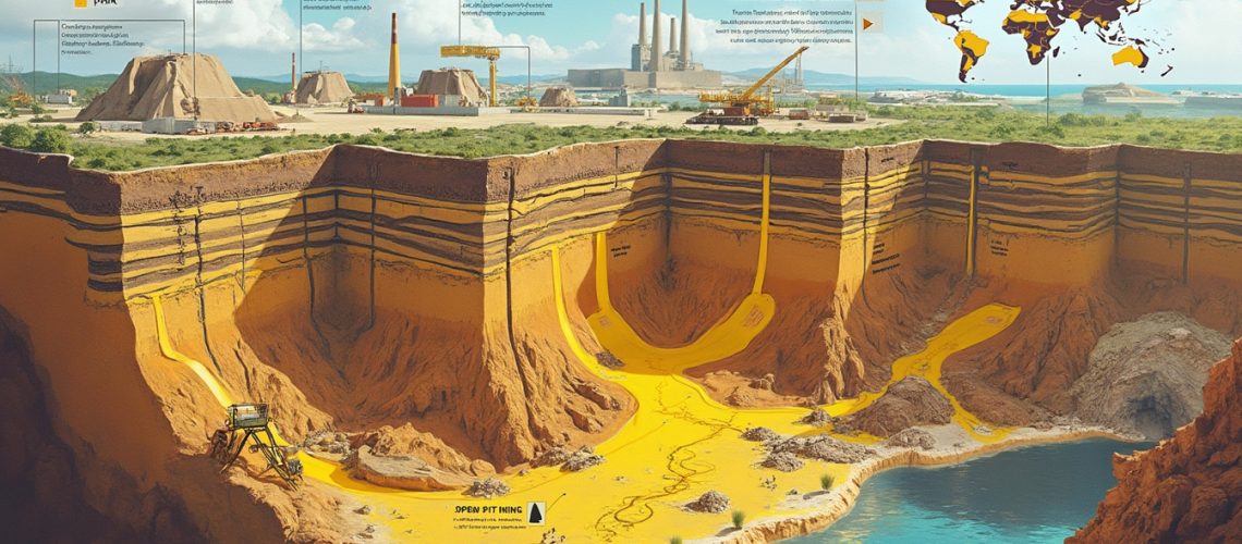 Illustration of an open pit mine with labeled sections and a global map inset.