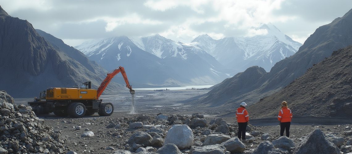 Excavator in rocky landscape with workers and snow-capped mountains in the background.