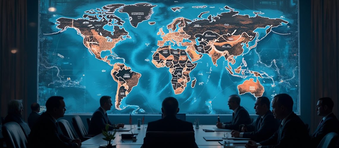 A group of people sitting in a conference room with a large world map displayed on the screen.