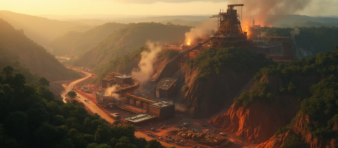 Factory with smoke and fire surrounded by green hills, at sunset.