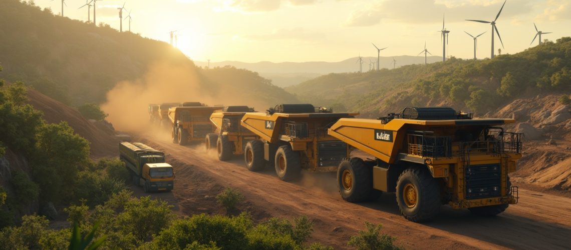 Mining trucks with wind turbines background.