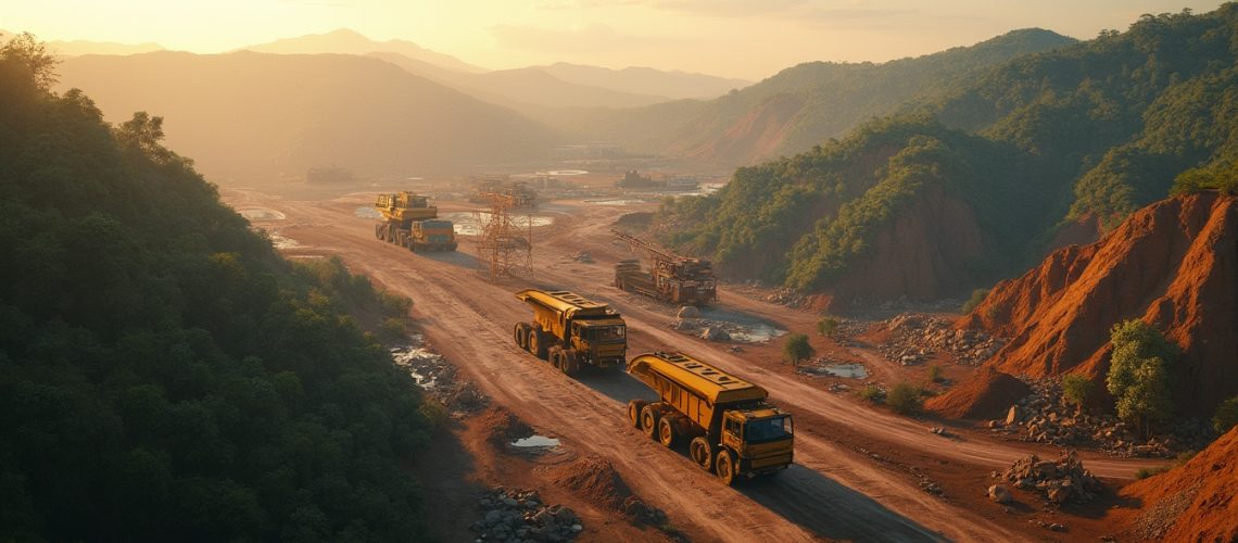 Construction site with trucks on a dirt road, surrounded by hills at sunrise.