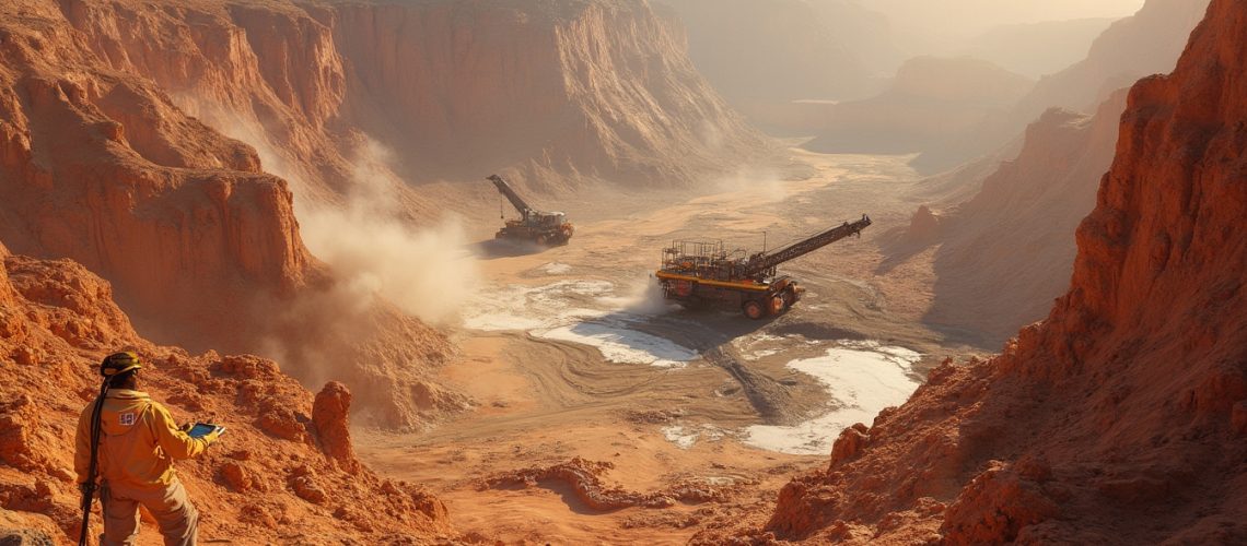 Worker observing machinery in a vast, dusty canyon during excavation on a sunny day.