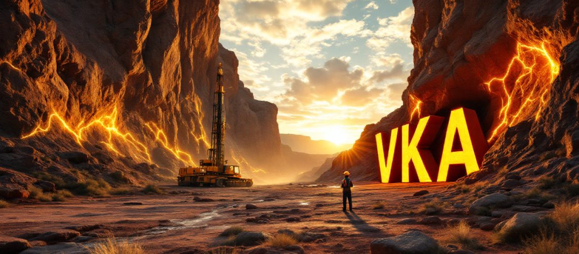 Viking Mines Ltd-VKA-Sunlit canyon with giant letters "VKA", drill machine, and person in foreground.