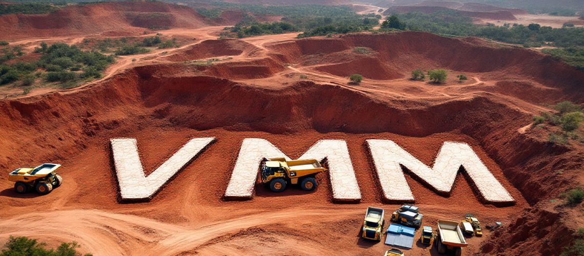 Viridis Mining and Minerals Ltd-VMM-Giant VMM letters carved into red dirt with construction vehicles nearby.