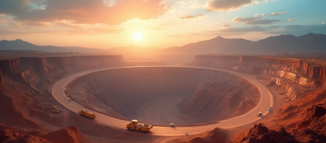 Aerial view of a large open-pit mine at sunrise with trucks on the winding path.