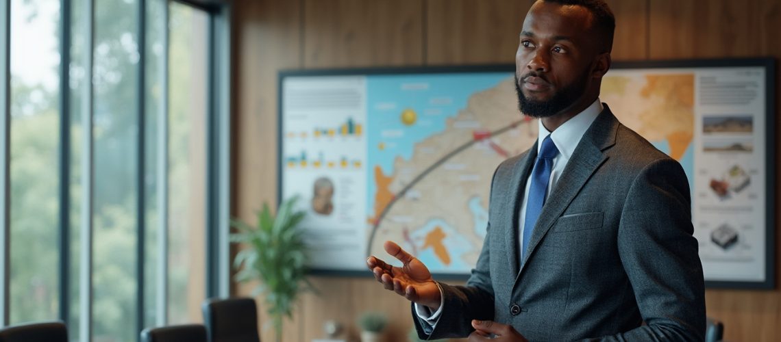 Man in a suit giving a presentation in a conference room with maps on the wall.